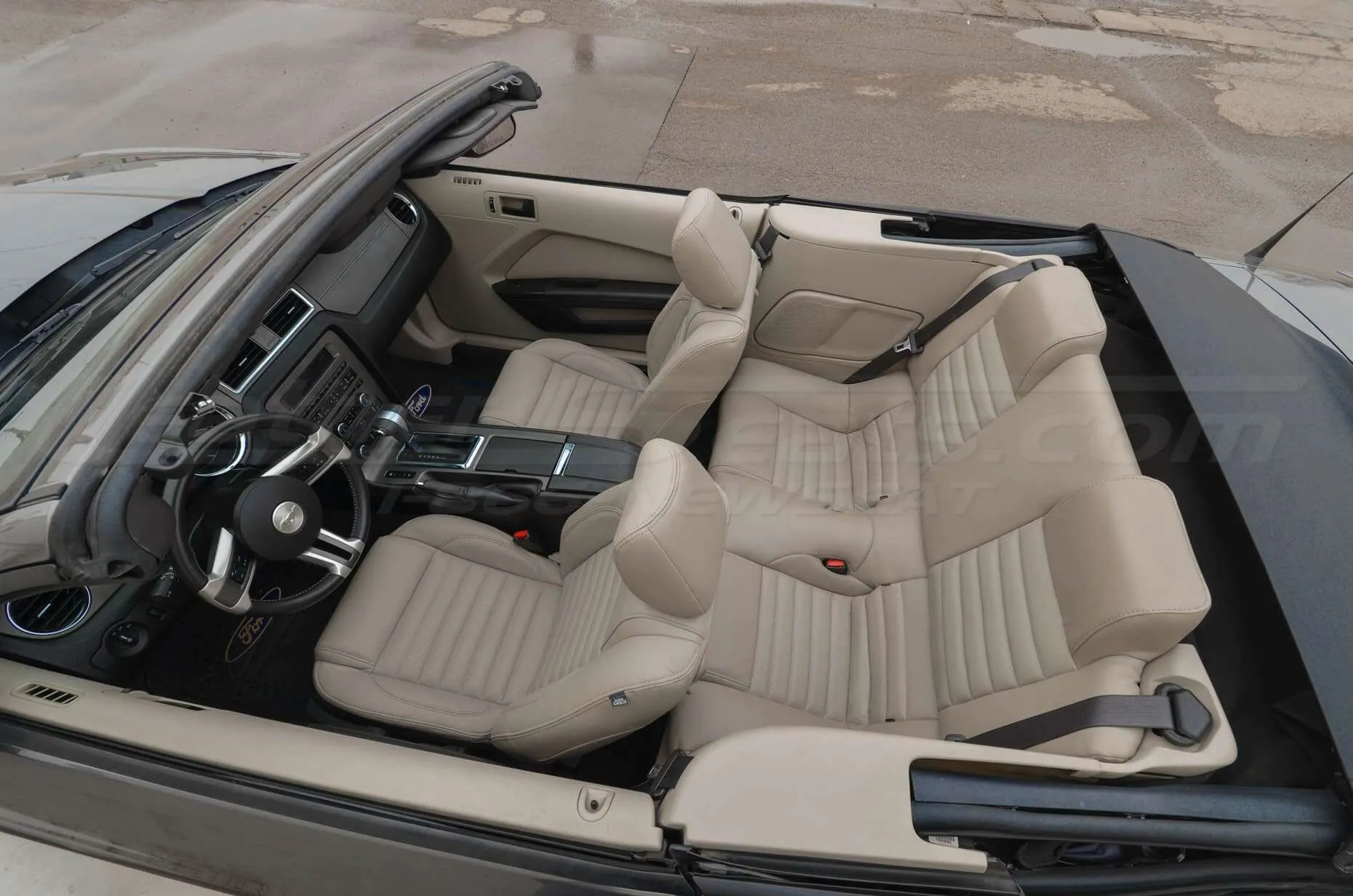 Aerial view from driver's side of Ford Mustang Convertible with Beach leather seats