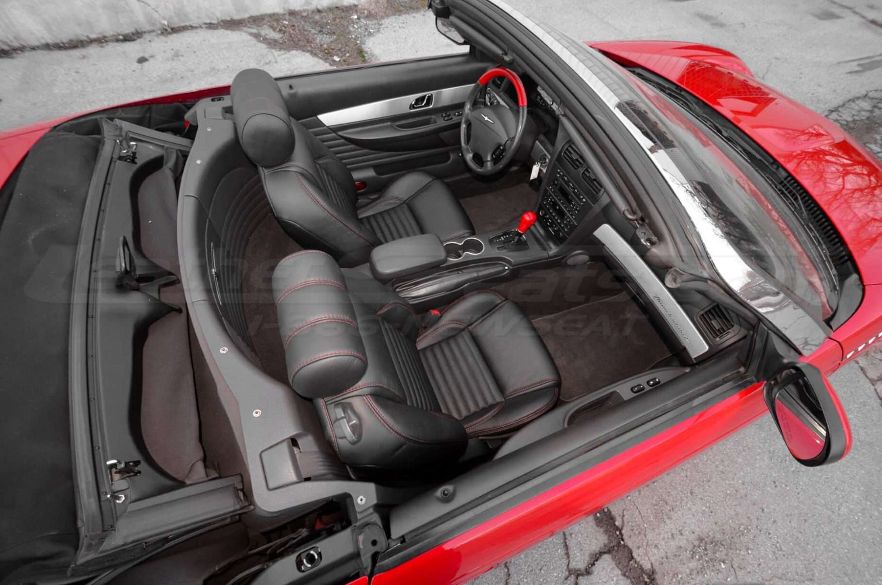 Top down view of installed leater seats in a convertible Ford Thunderbird