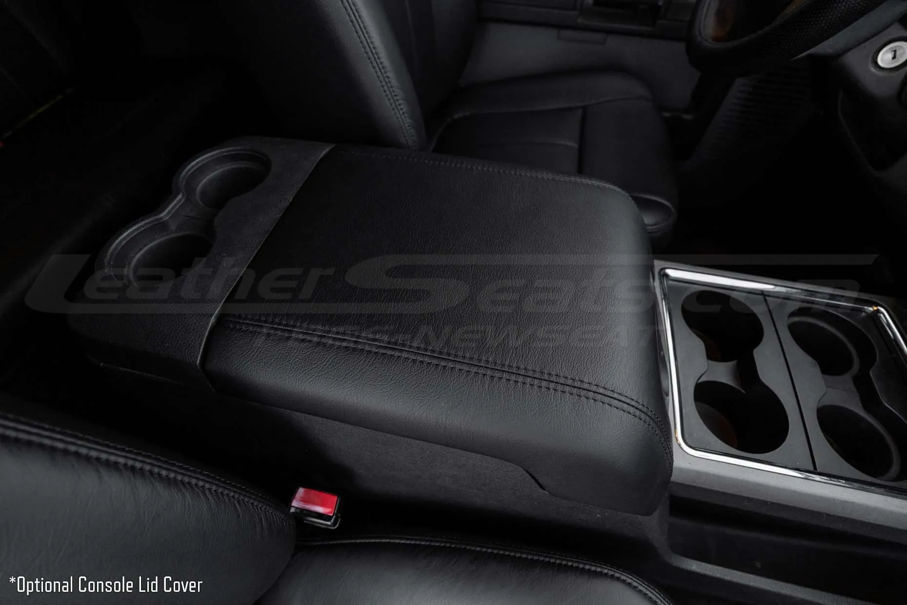 Passenger view of leather console lid