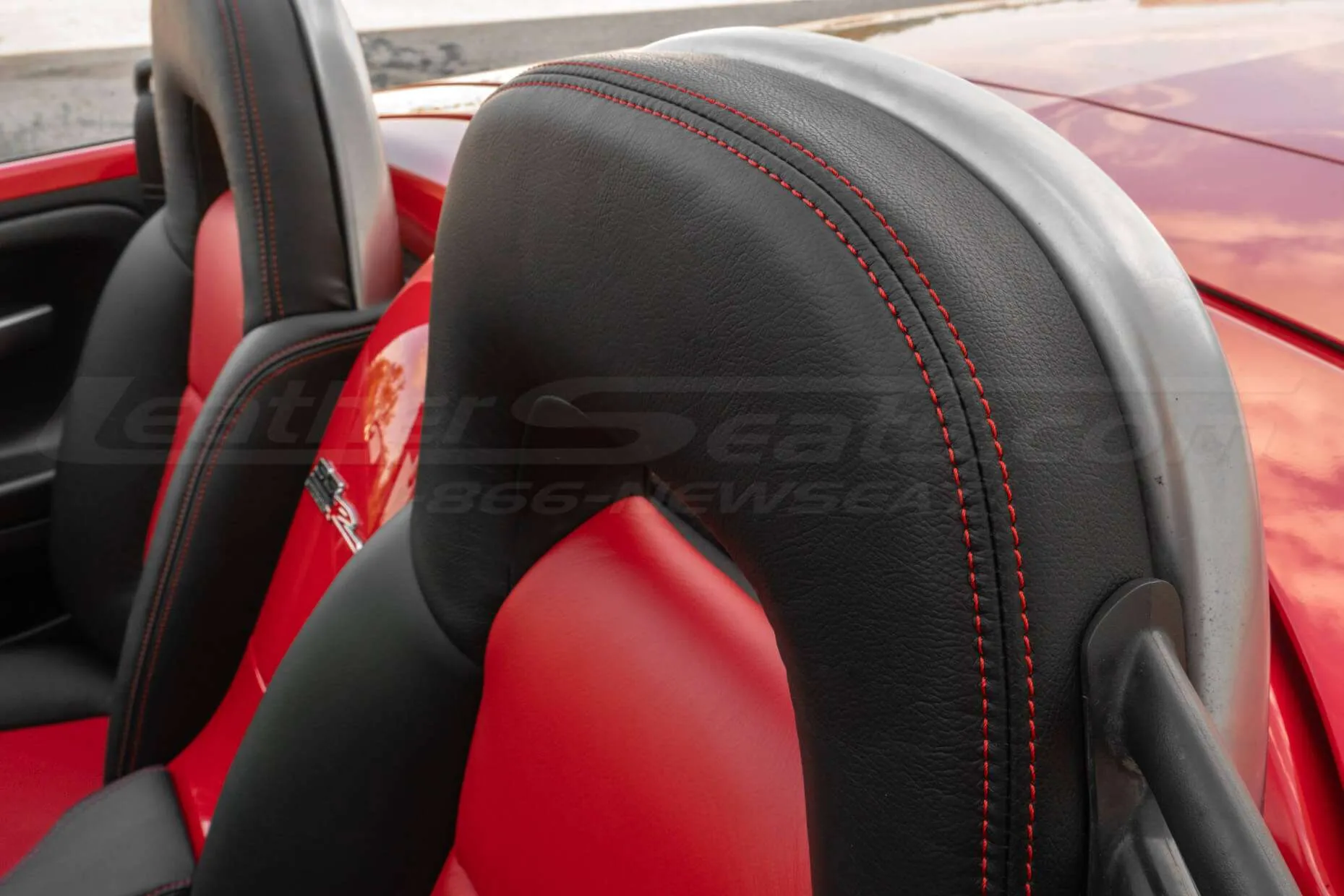 Chevrolet SSR Leather Headrest close-up with contrasting Bright red stitching