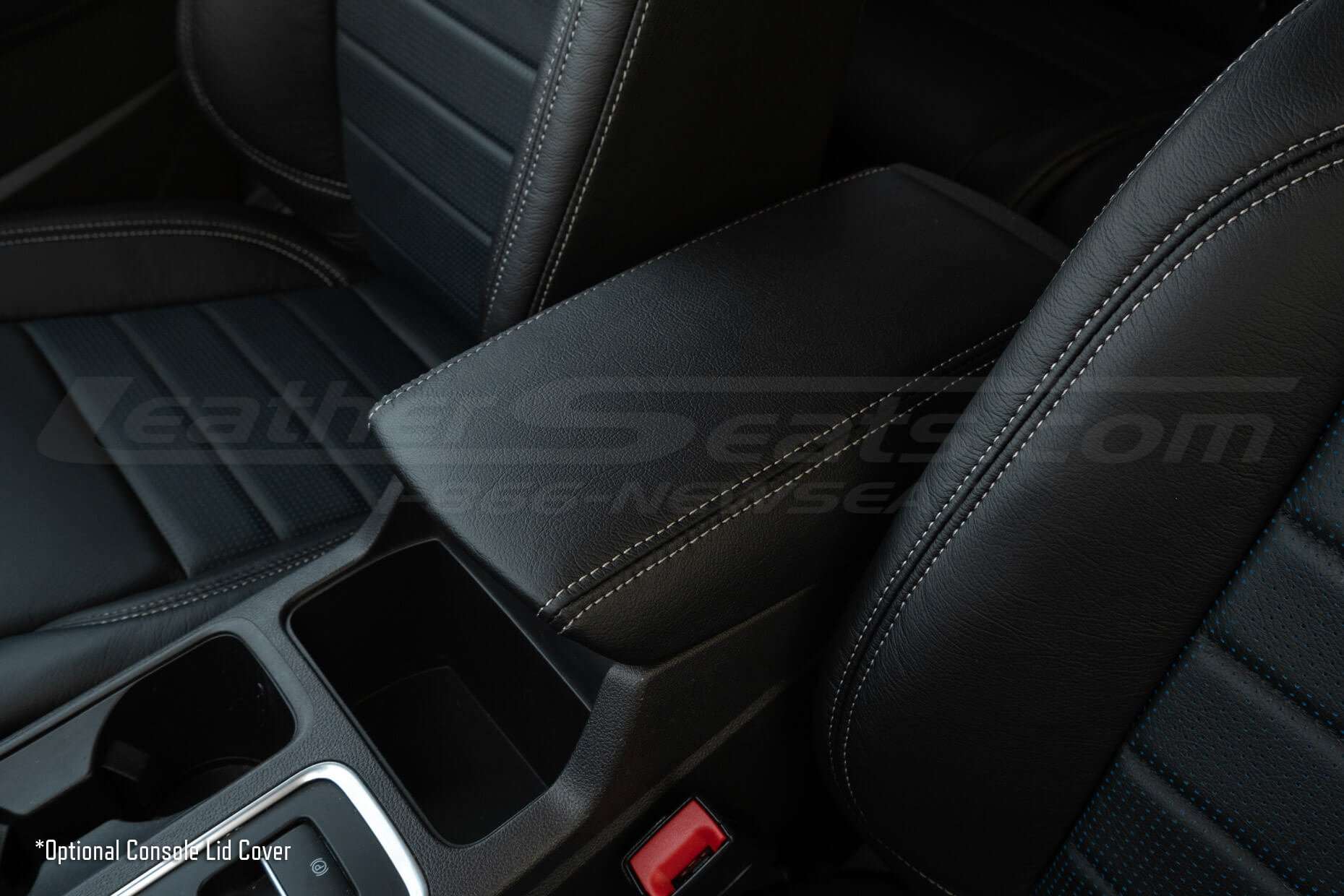 Optional Leather Console Lid Cover close-up from driver's side