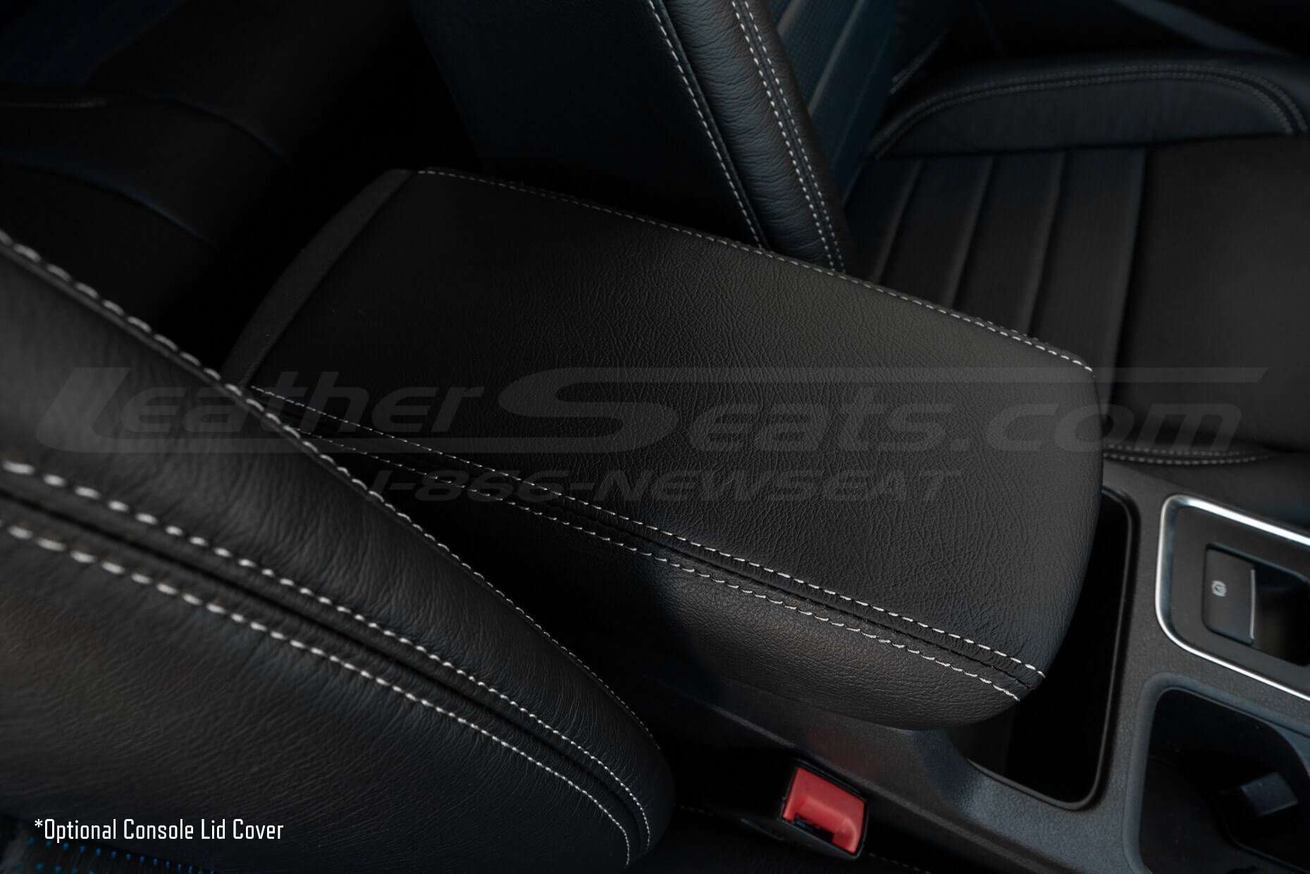 Leather console lid cover in black with frost stitching