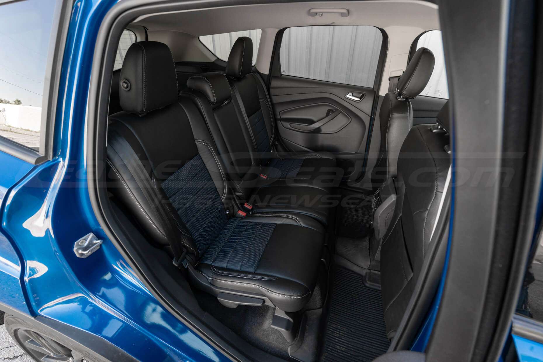 2017-2019 Ford Escape with Black and Piazza Blue Perforated leather seats - Rear seats from passenger side