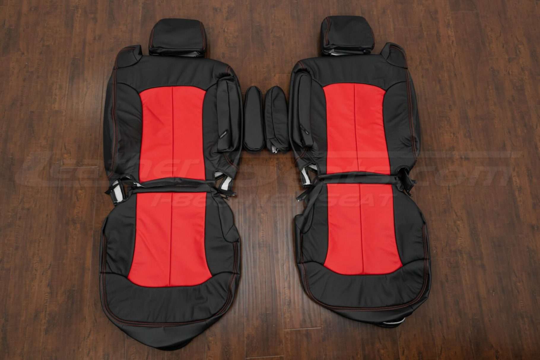 2002 Chevrolet Tahoe two-tone leather upholstery kit - Black and Bright Red - Front seat upholstery with Armrests