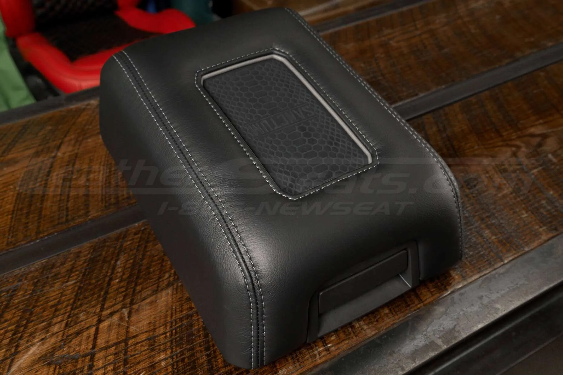 Side view of leather phone charging console for Ford F150