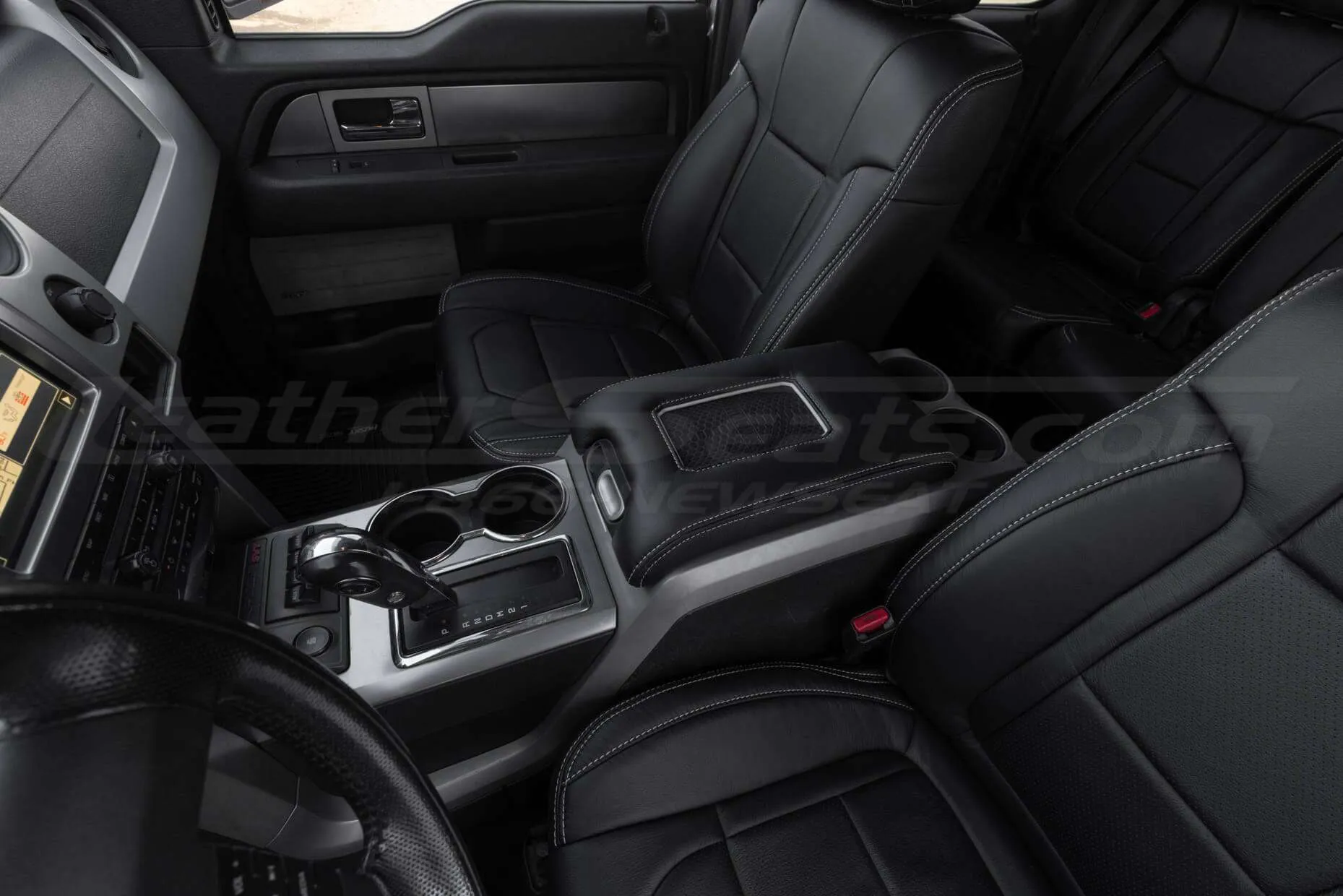 Wide view of leather charging console for Ford Raptor