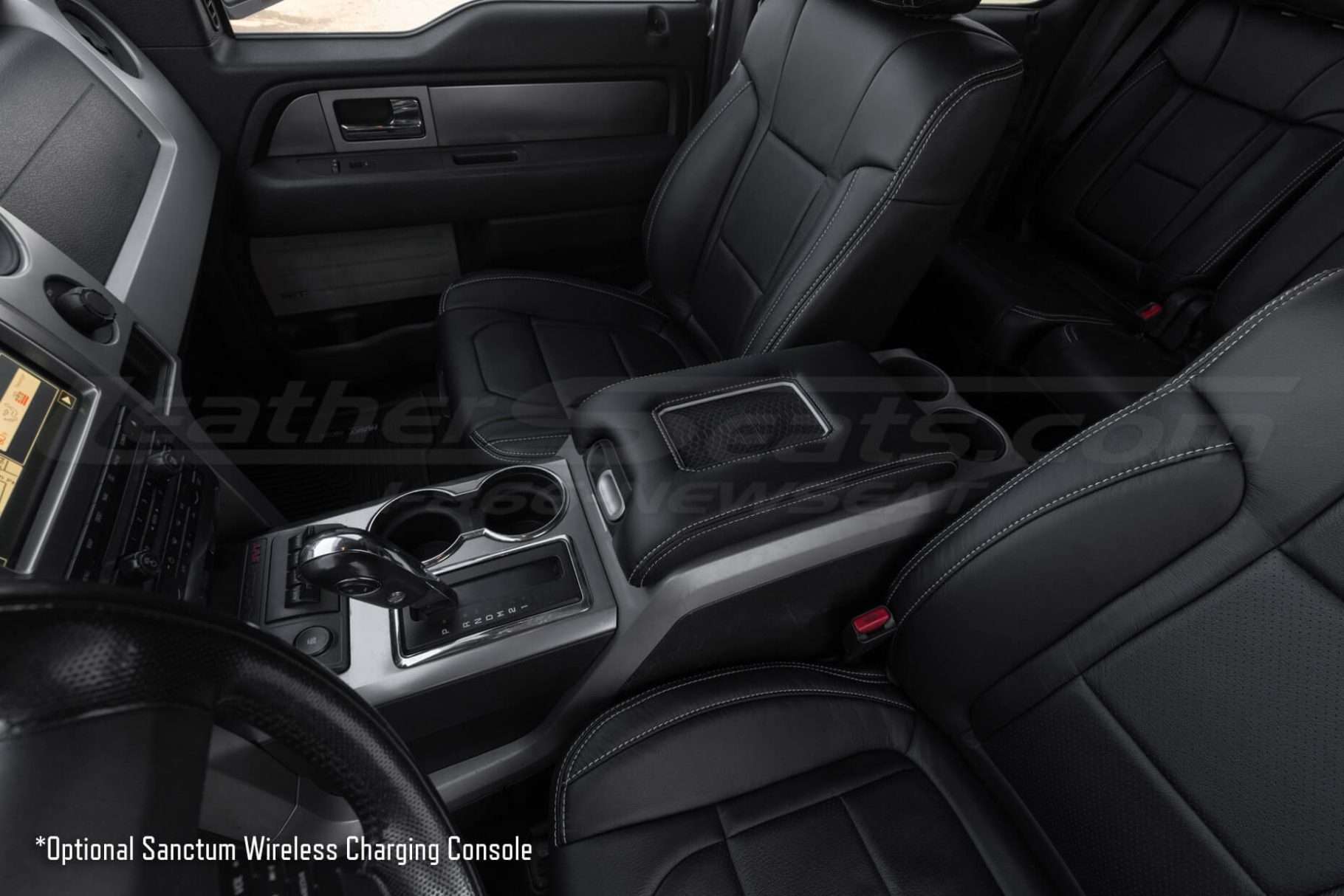 Wide view of Ford wireless phone charging console