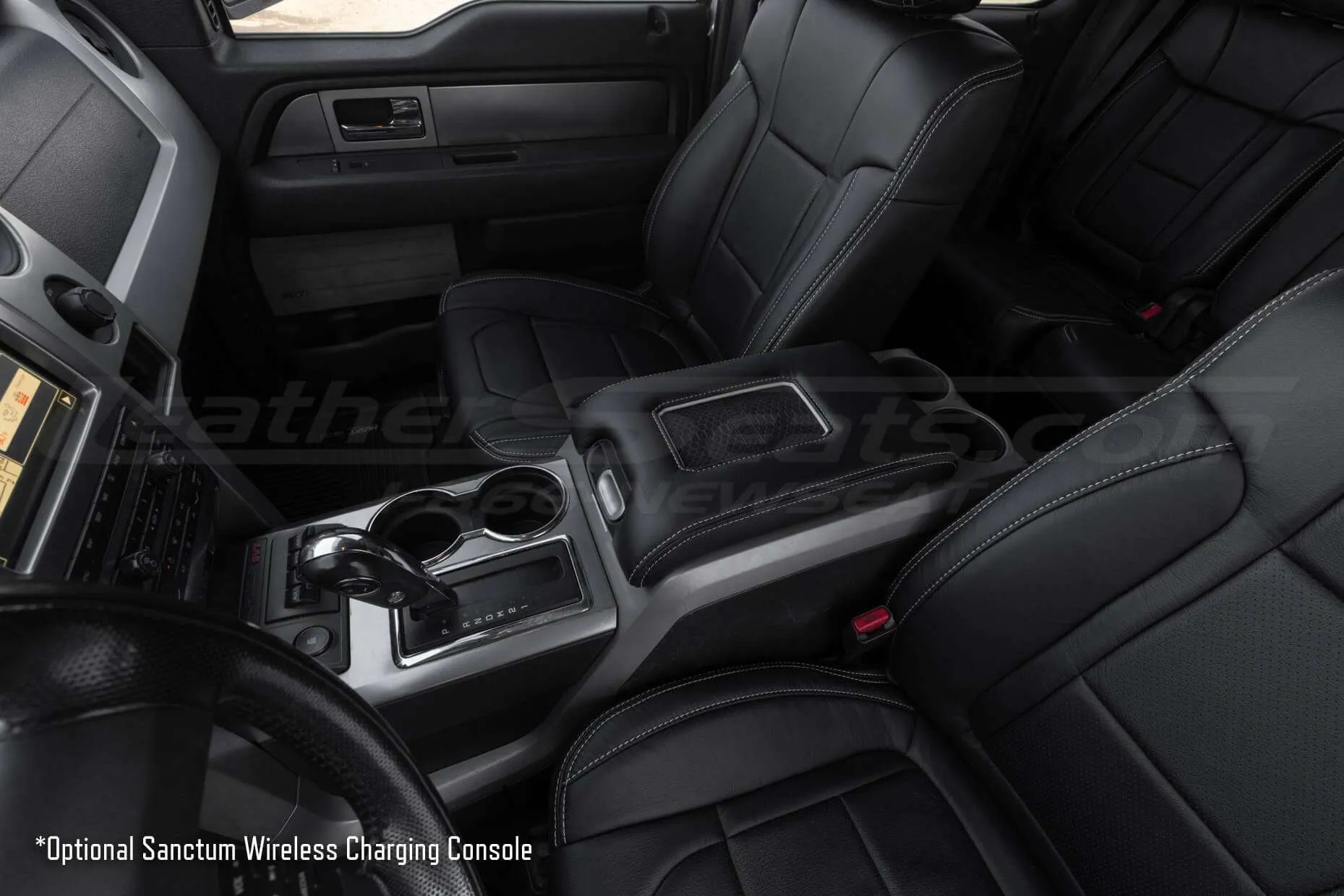 Wide view of Ford wireless phone charging console