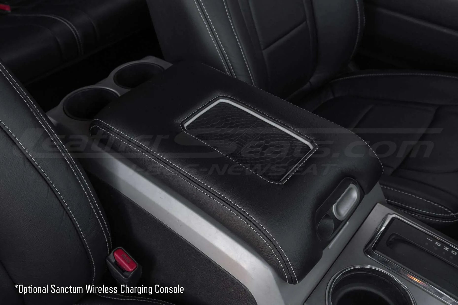 Passenger side view of phone charging center console for ford trucks