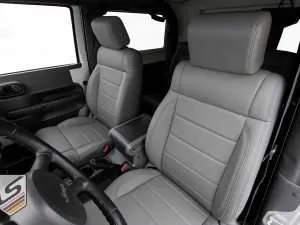 Medium close-up of front backrest and headrest section of Jeep Wrangler leather seat - LS Gallery