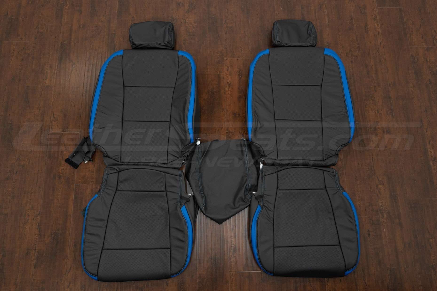 2022 Ford F-250 Crew Cab Leather Interior Kit - Dark Graphite/Cobalt Wings - Front seat upholstery with console lid cover