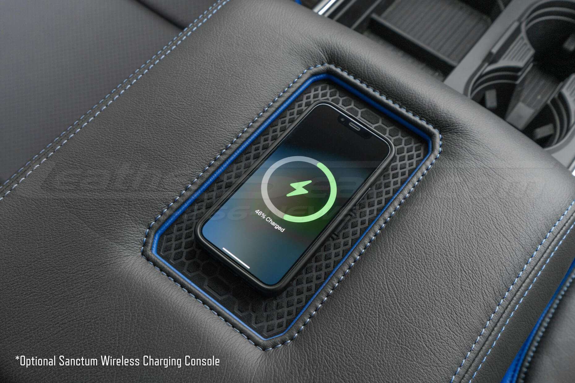 Optional Sanctum Wireless Charging console - Close up of phone charging