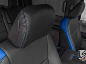 Dark Graphite Leather Headrest with contrasting Cobalt stitching
