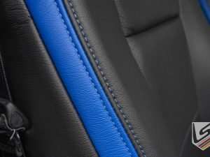 Contrasting Cobalt stitching on Dark Graphite leather