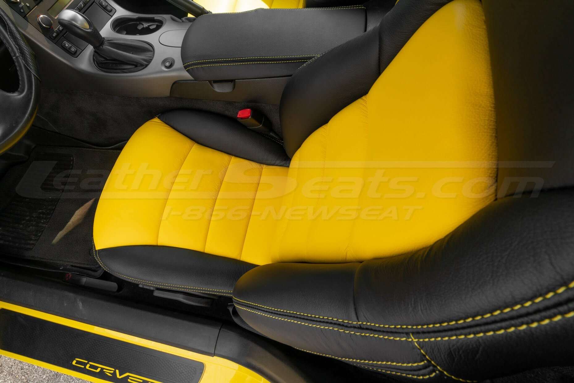 Top down view of Velocity Yellow Body - installed leather seat