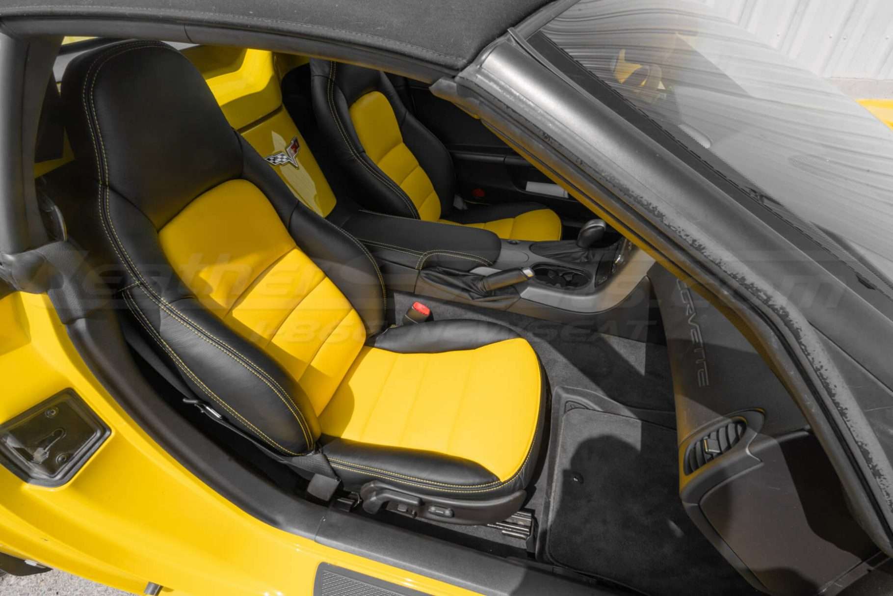 Alternative view of front passenger seat with installed LeatherSeats.com upholstery