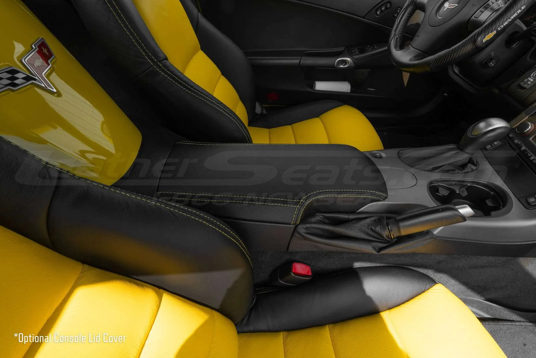 Black leather Corvette console with contrasting Velocity Yellow stitching