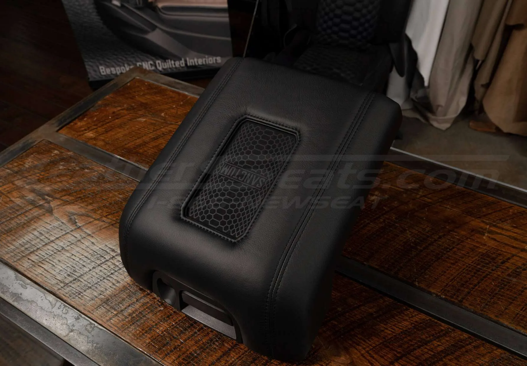 Top-down side view of wireless phone charging console for Ford F-250/F-350/F-450/F-550