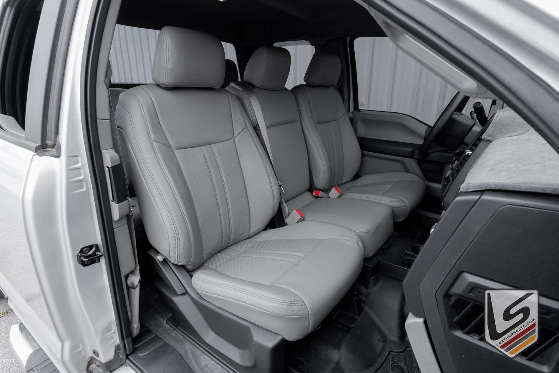 Light Grey Leather Ford F-150 Seats. with Middle Jump Seat raised