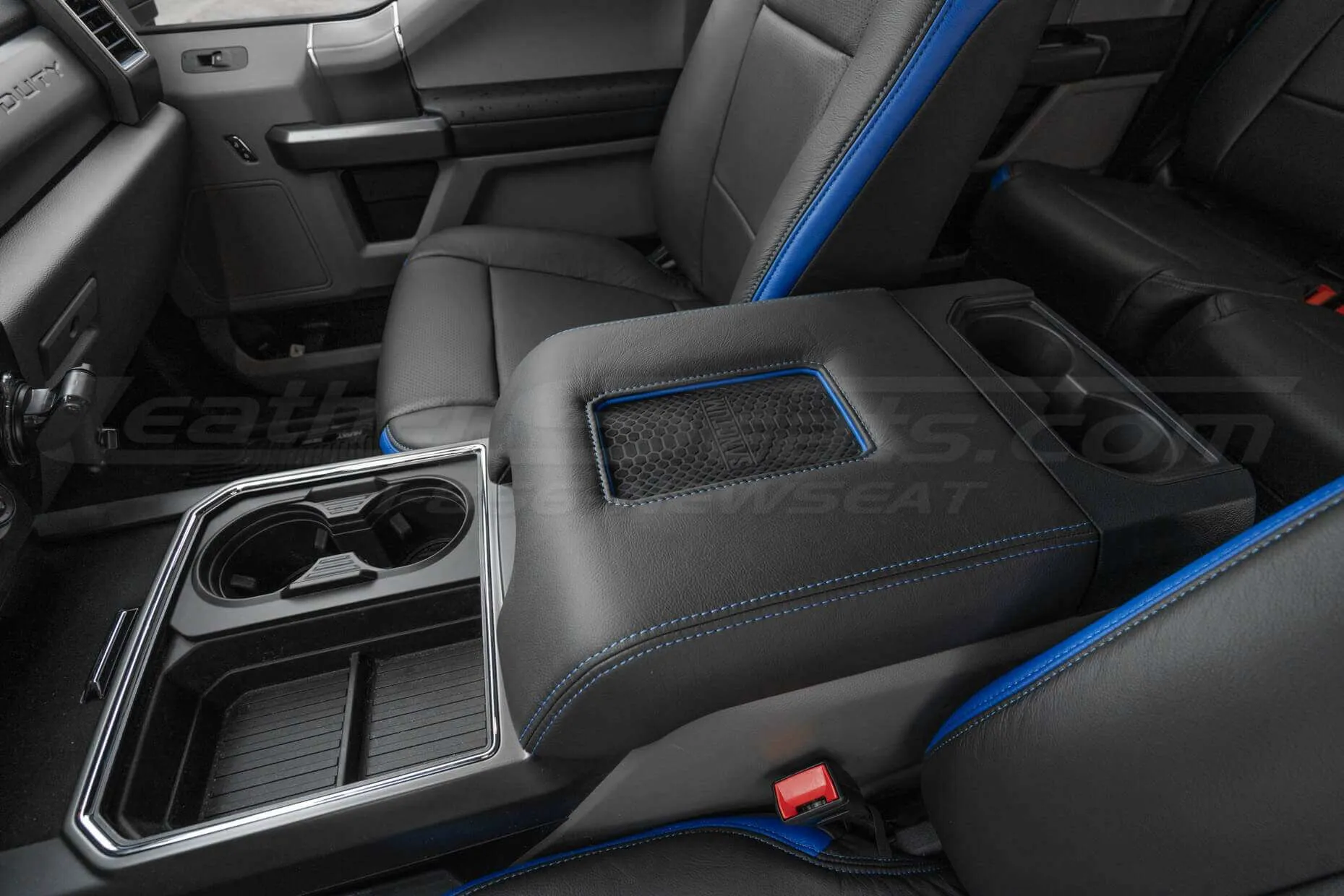 Side view of Dark Graphite Wireless Charging Console with Cobalt Blue stitching and Trim Ring