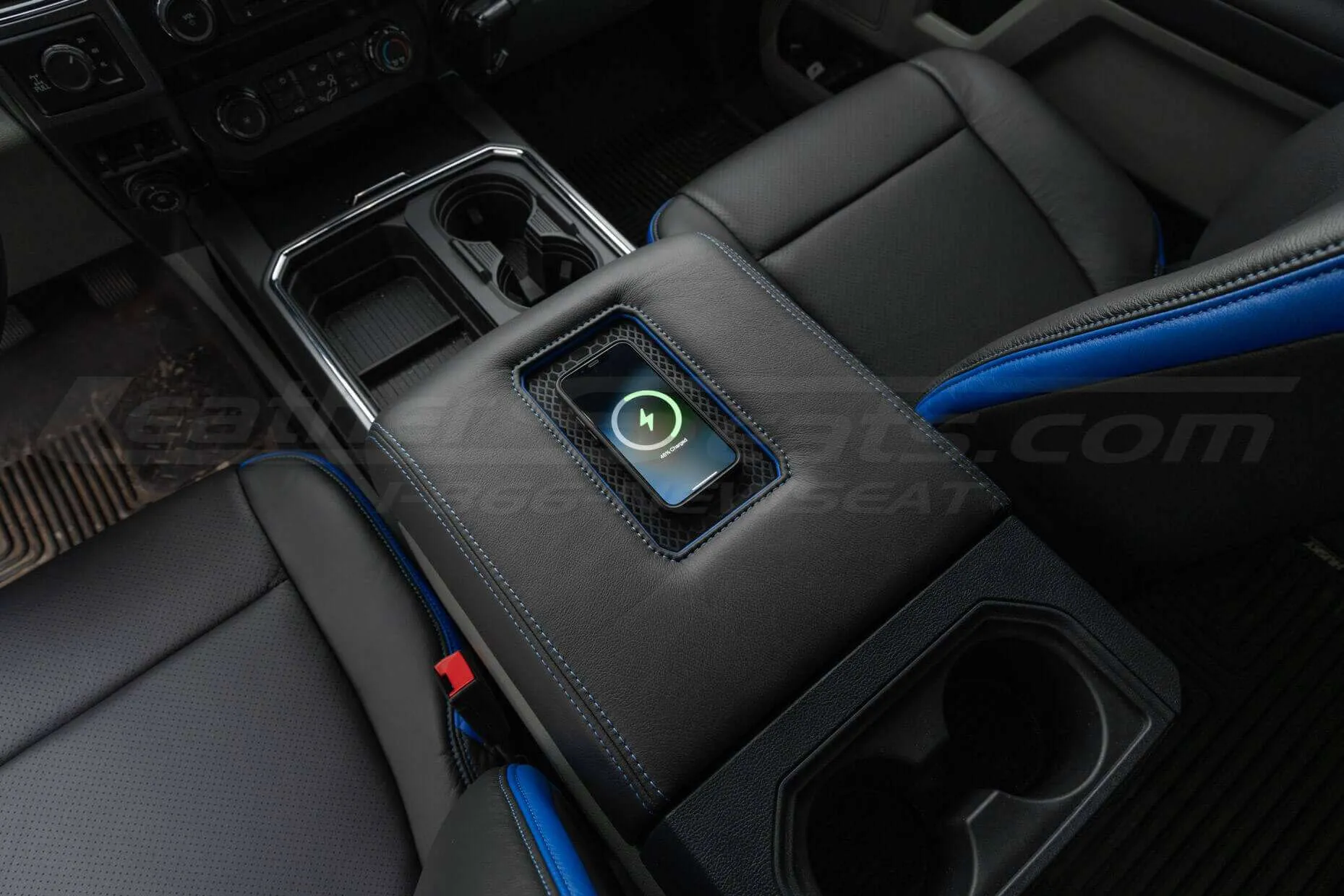 Ford Truck leather phone charging console lid - installed - Android and Apple compatible