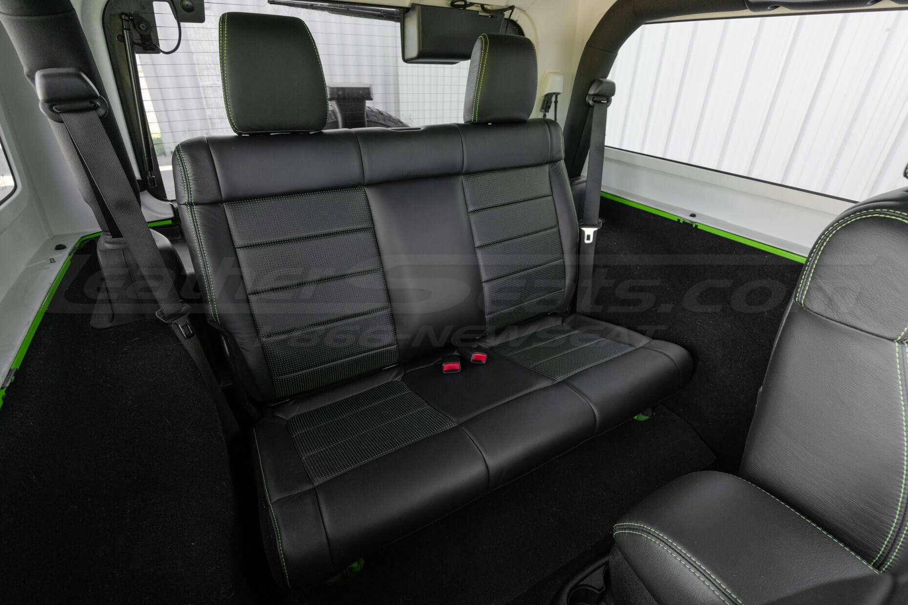 Installed Two-Tone Black w/ Piazza Green Inserts Jeep Wrangler JK Rear Leather Seats