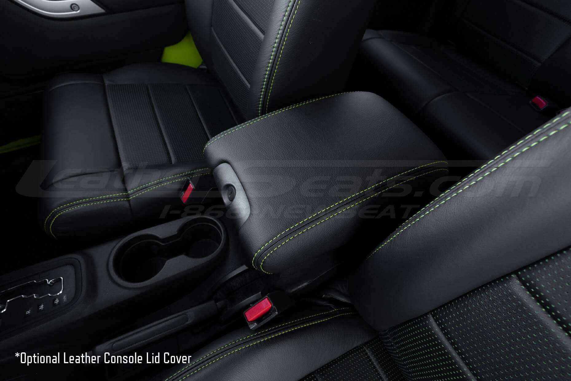 Optional Leather Console Lid Cover in Black with Lime Green stitching for Jeep Wrangler JK