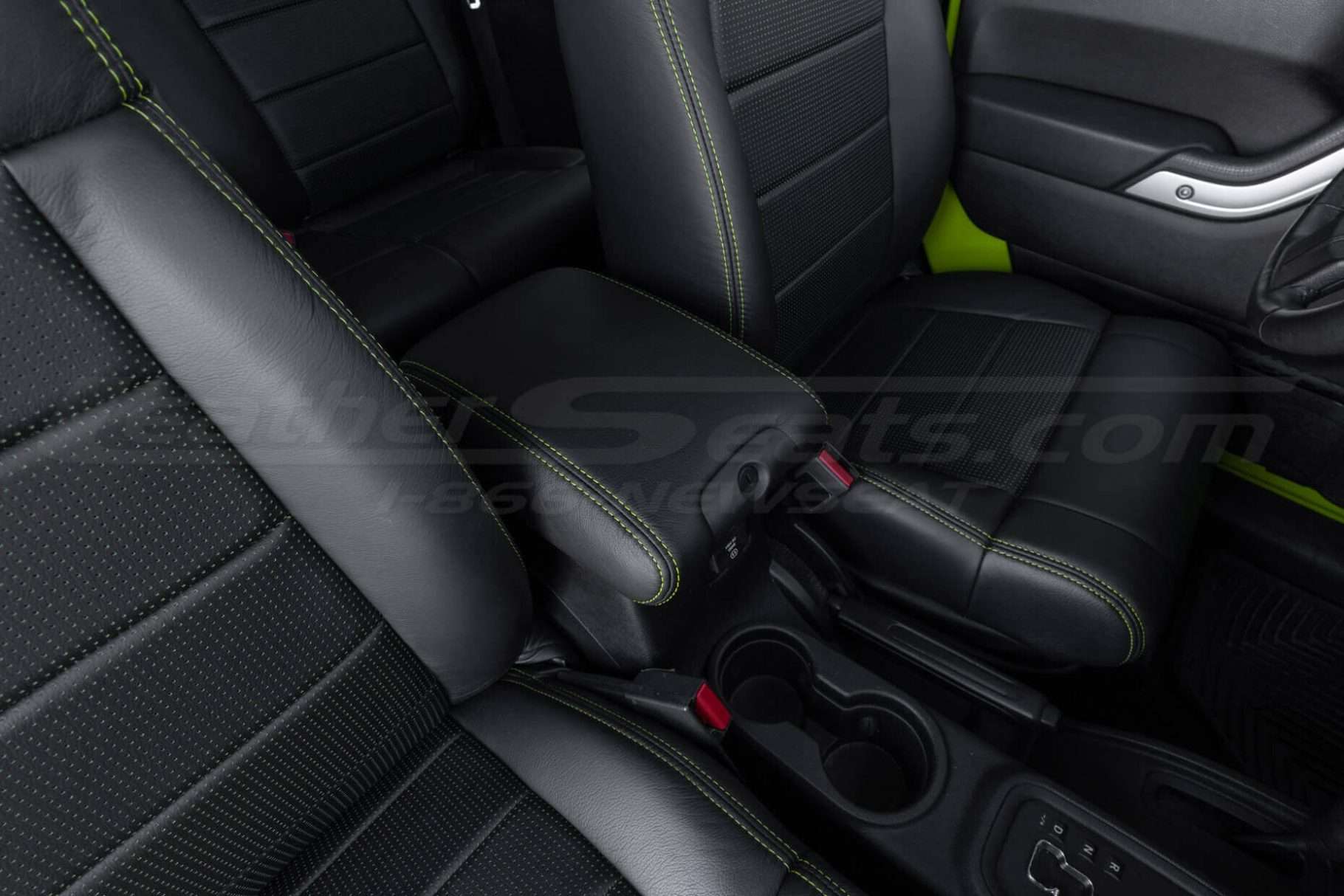 Passenger side view of leather console lid cover for 2013-2018 Jeep Wrangler