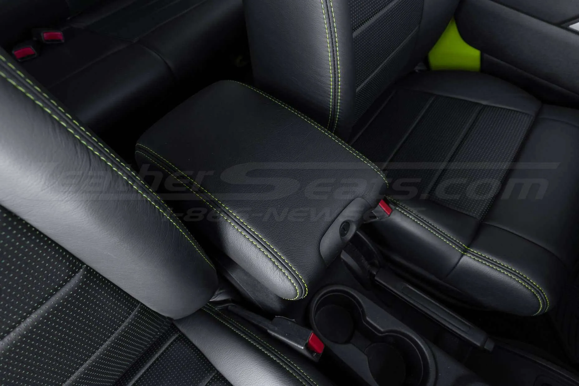 Installed Leather Console Lid Cover with Black leather and Hyper Green stitching