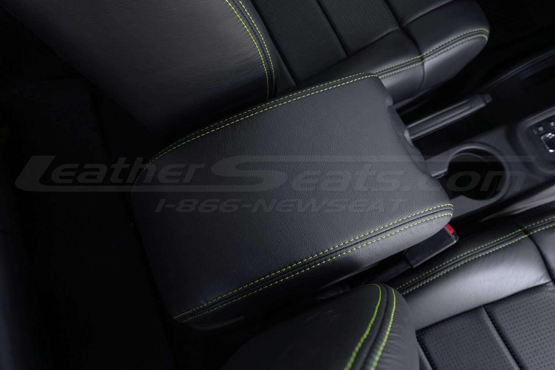 top-down close up of leather console lid