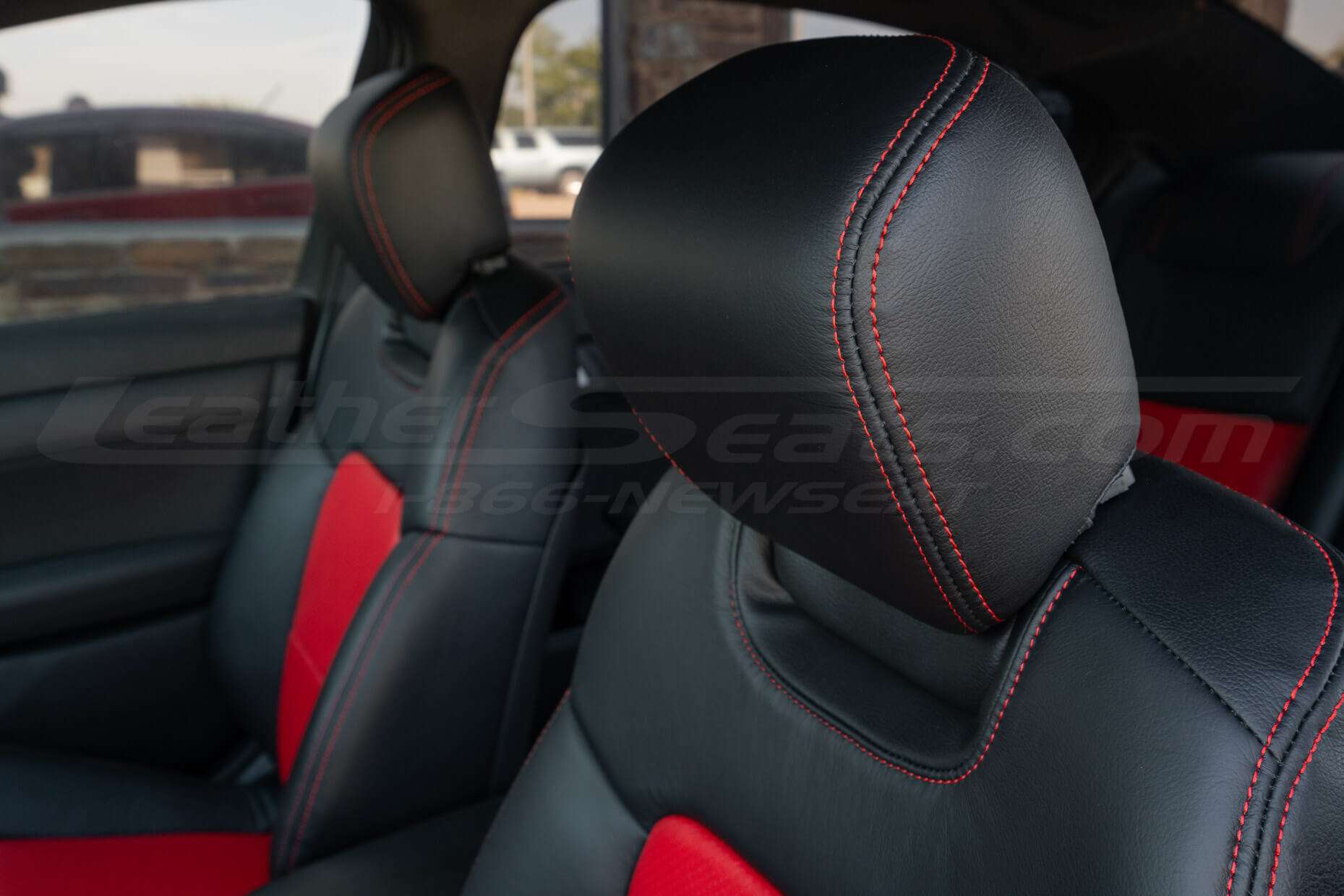 Pontiac G8 installed leather headrest with Bright Red stitching