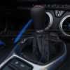 Black leather shift boot with contrasting Cobalt stitching - installed