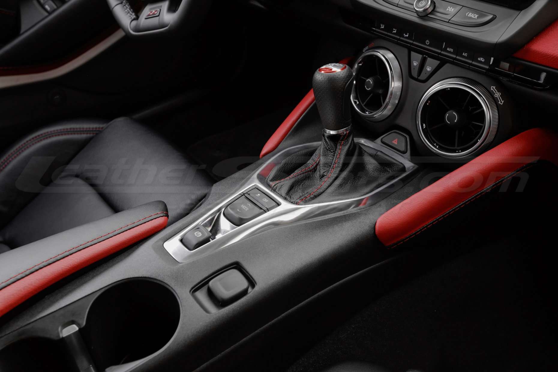 Leather Camaro shift boot with contrasting Red stitching