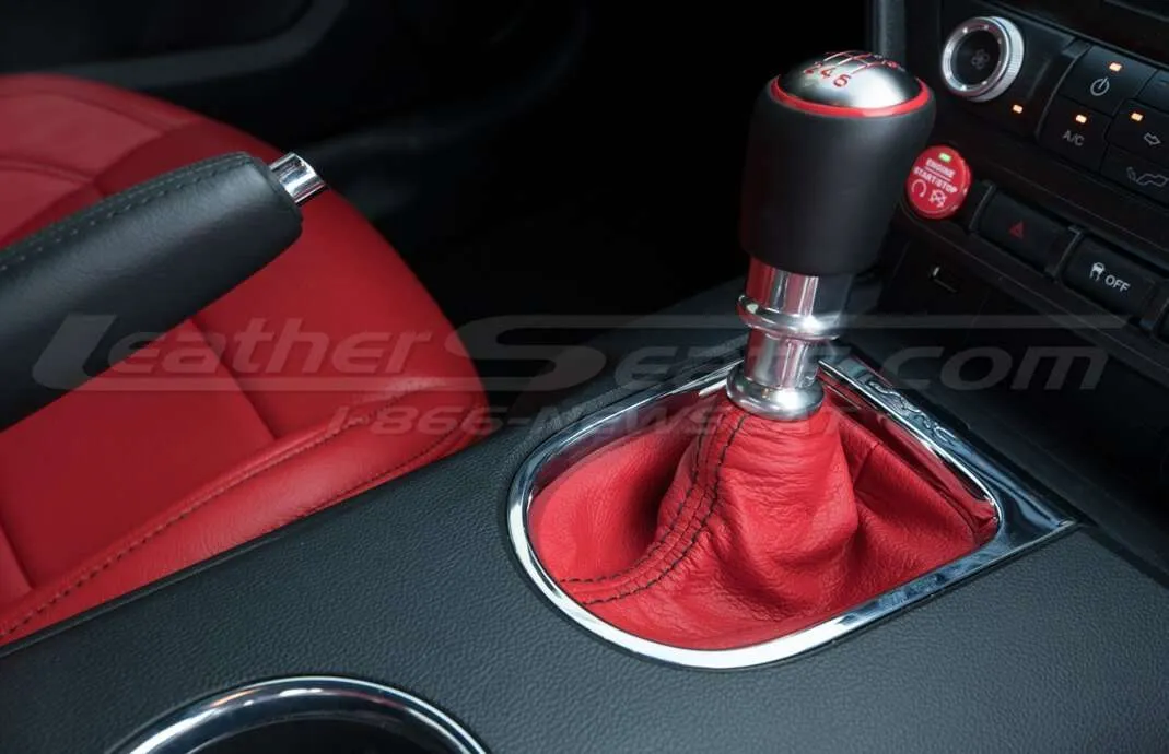 Ford Mustang Manual Leather Shift Boot in Bright red leather with contrasting Black stitching
