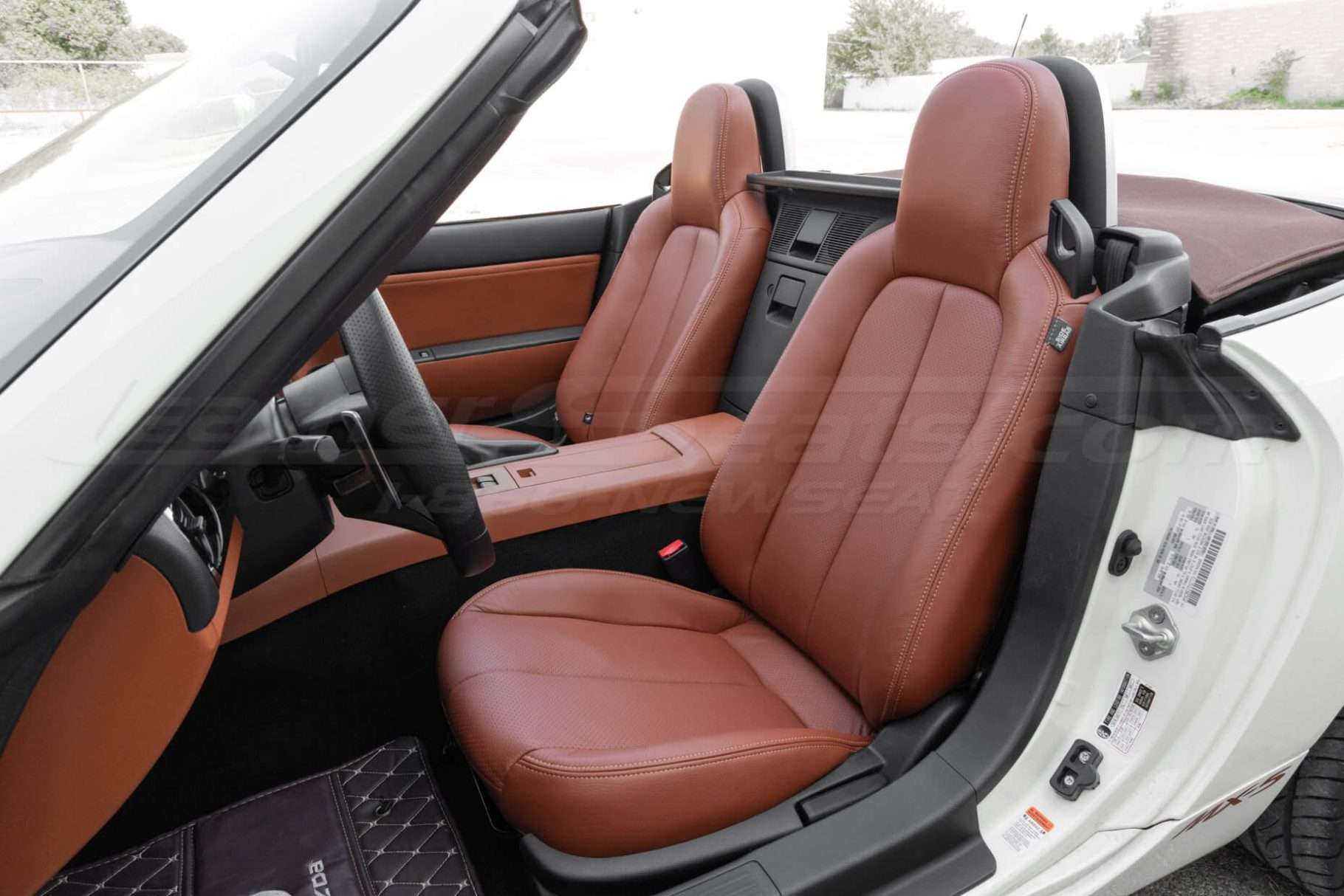 Custom Mitt Brown leather Upholstery for Mazda Miata Convertible - Front driver side interior view