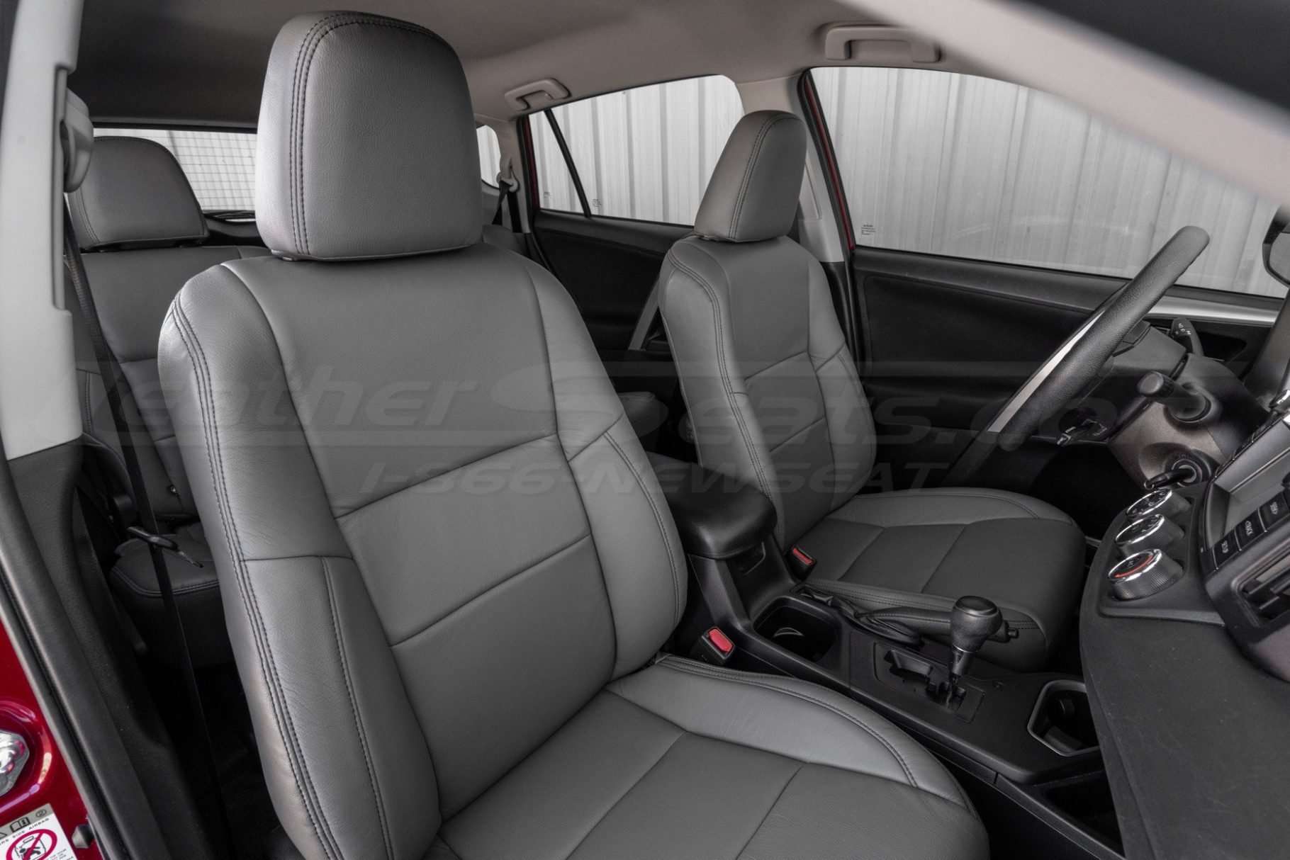 Installed Light GRey Toyota RAV4 leather sats - Front passenger backrest & headrest close-up