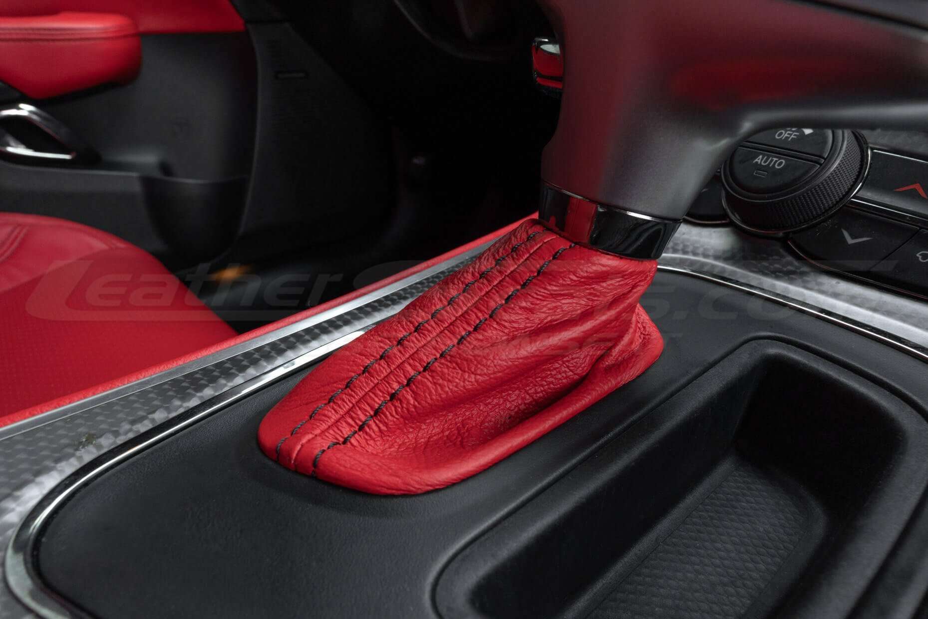 Bright Red Dodge Challenger Shift Boot with contrastng Black stitching
