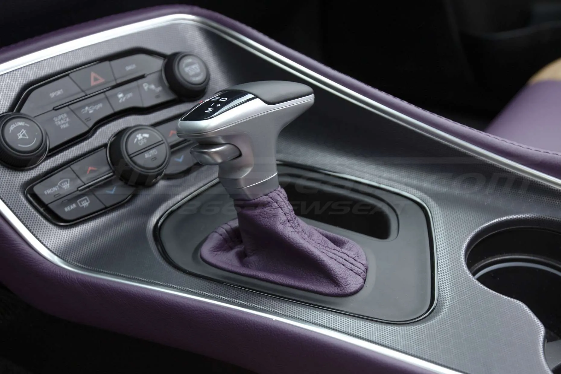 Purple leather shift boot for black double-stitching