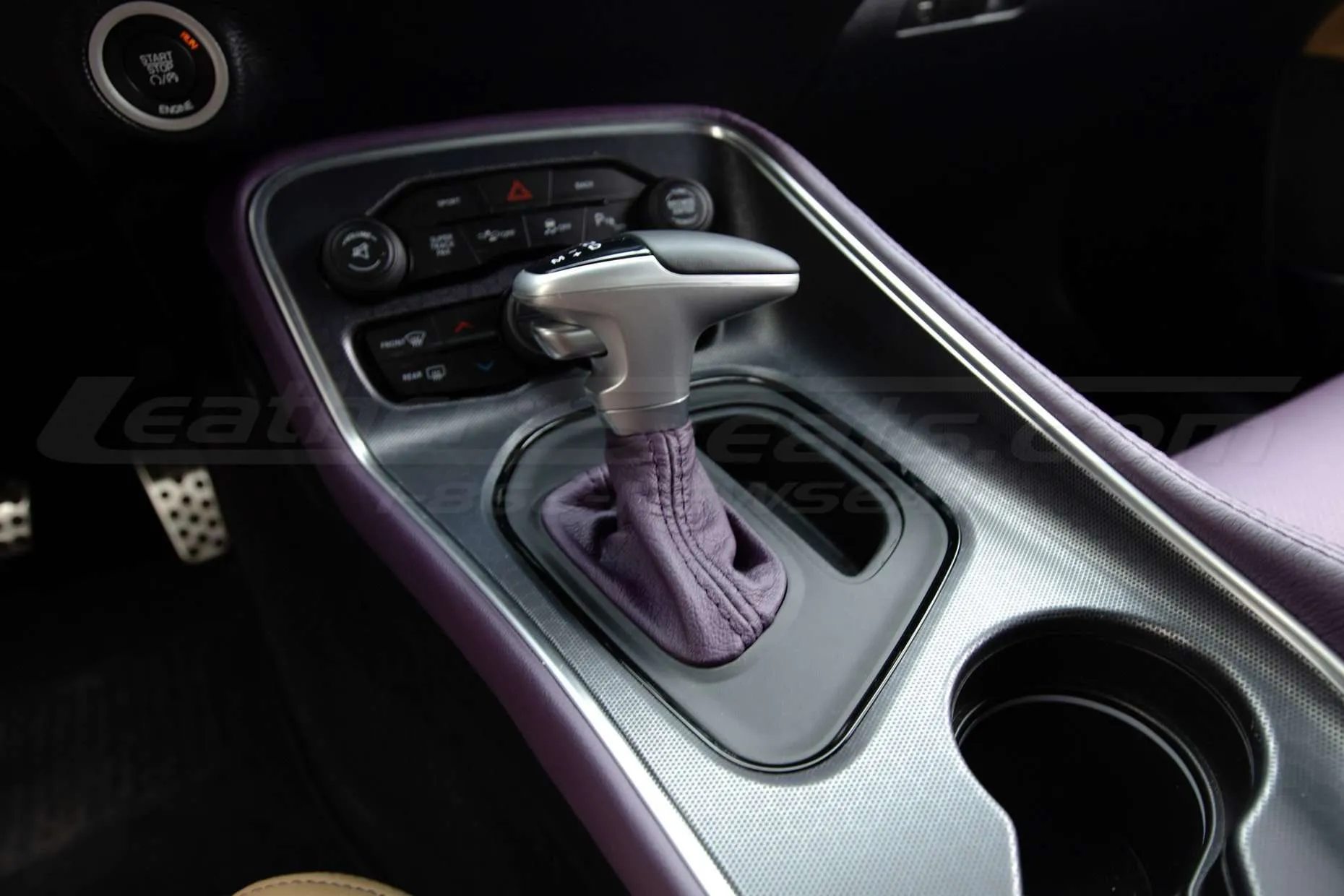 Purple leather automatic shifter upholstery for Dodge Challenger