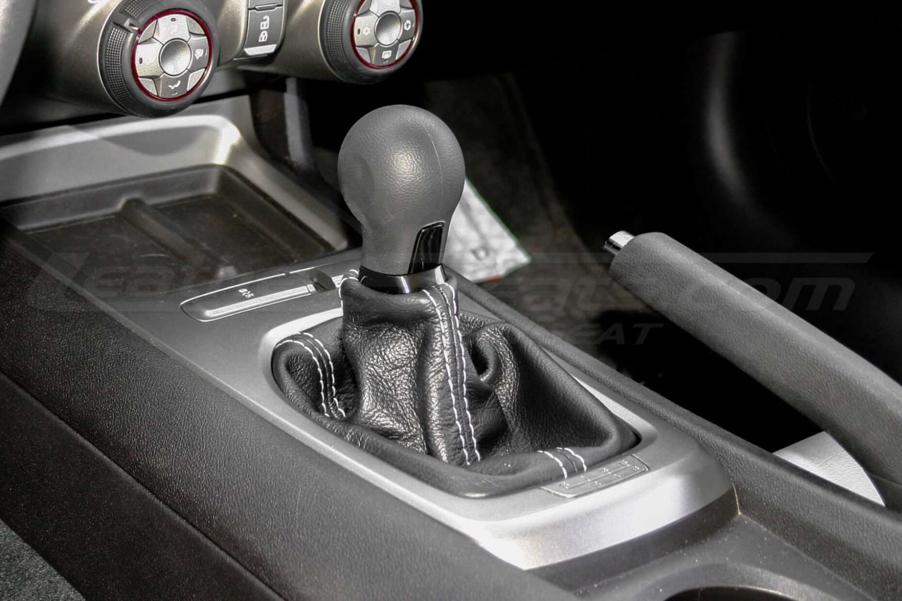 Black leather shift boot with silver stitching for Chevy Camaro