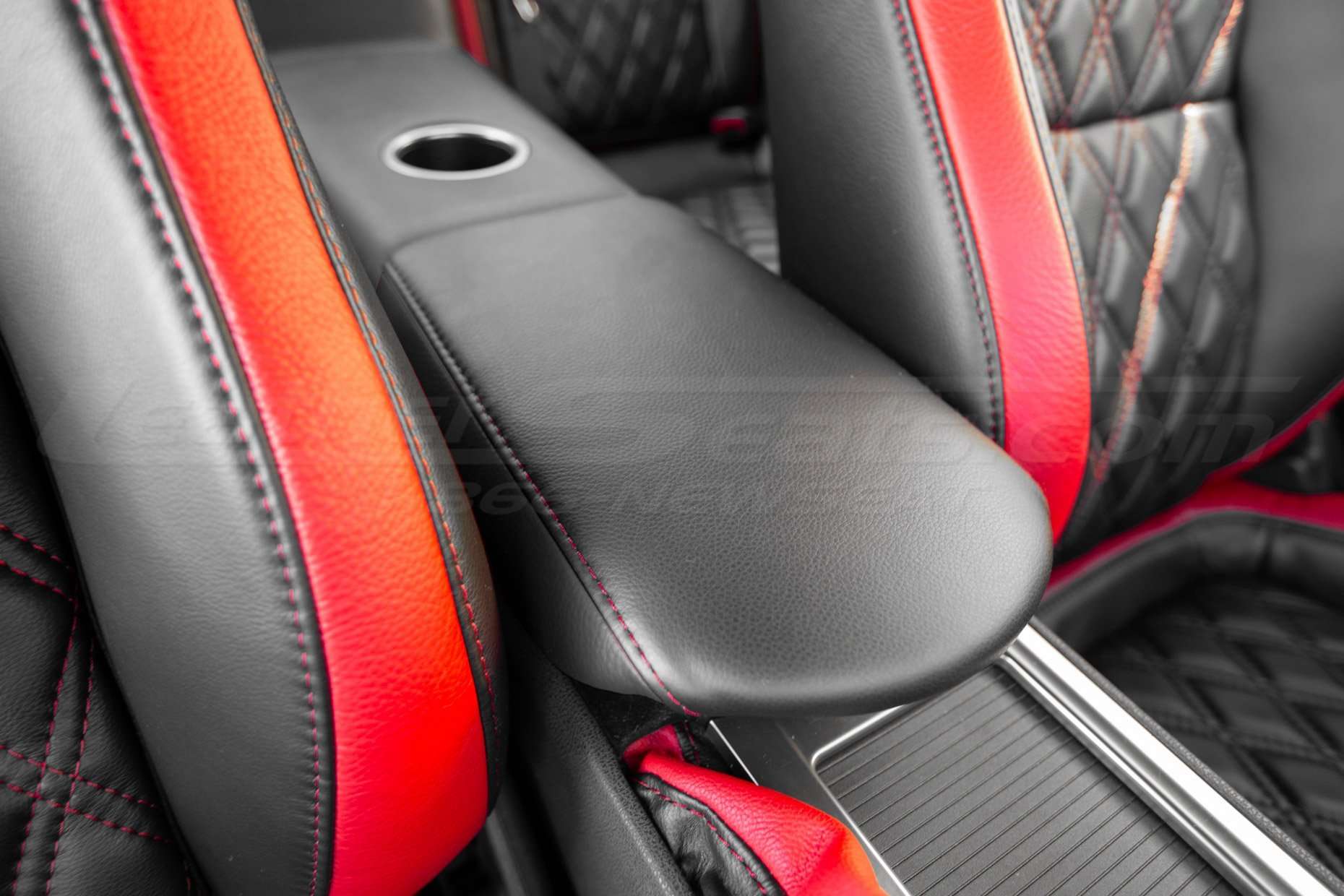 Nissan GT-R Leather Console Lid Cover in black with Bright Red stitching