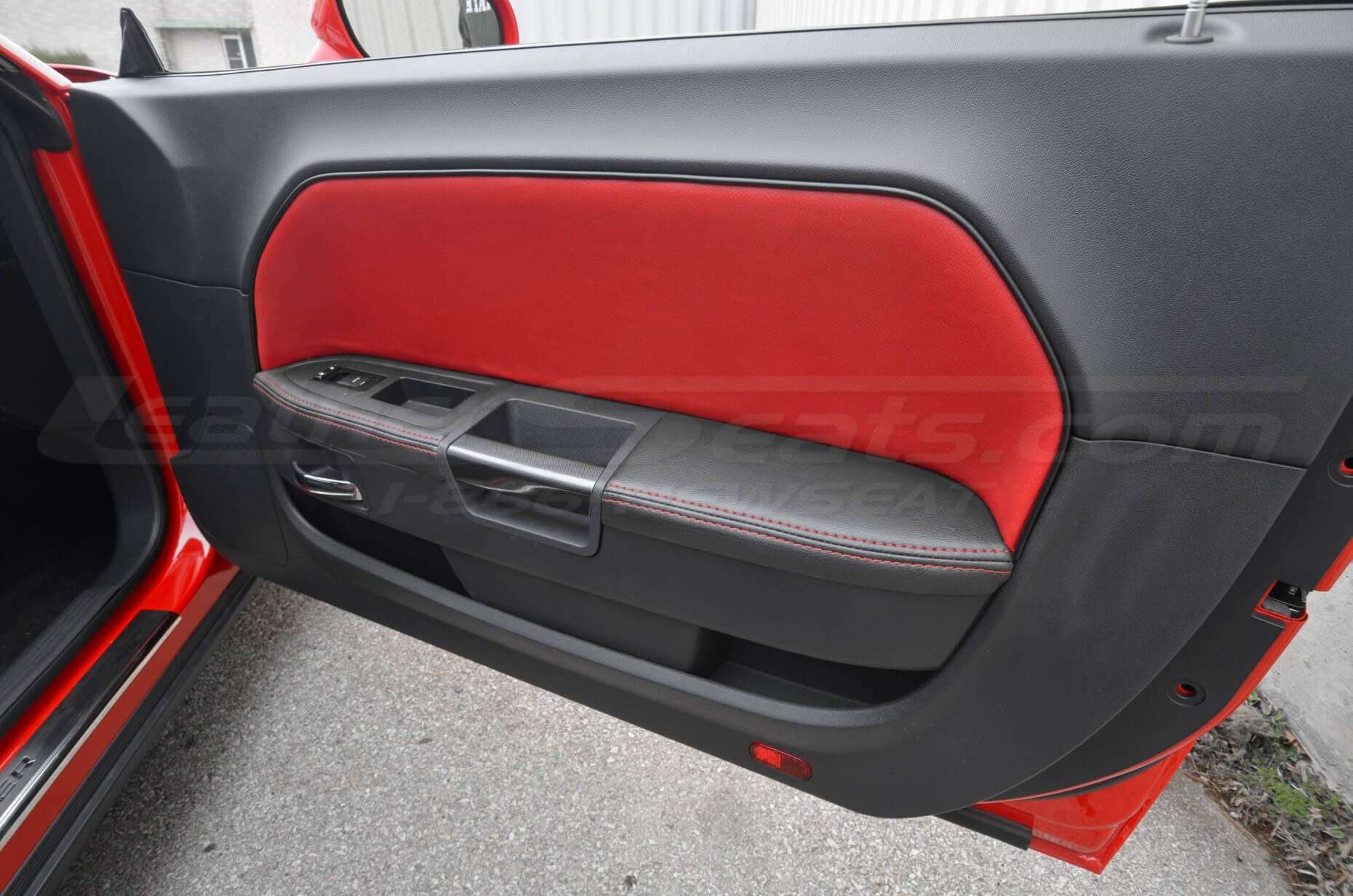 Black leather Dodge Challenger door armrests covers