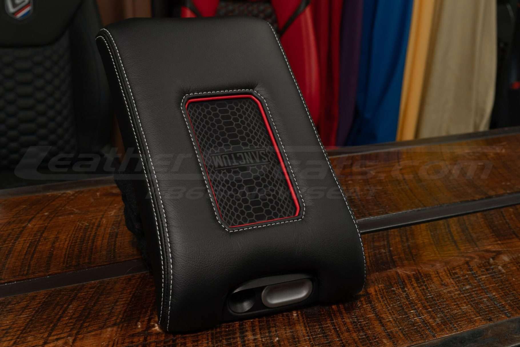 2010-2014 Ford Raptor QI Wireless Charging Phone Center Console in Black Leather - White Stitching - and Bright Red Trim Ring