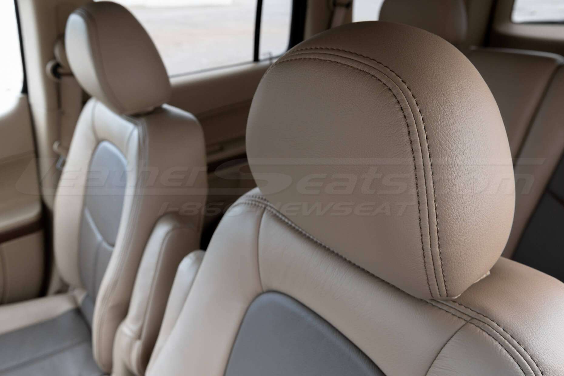 Installed leather headrest cover in Sandstone