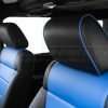 Black leather headrest with Cobalt Blue Piping - close-up