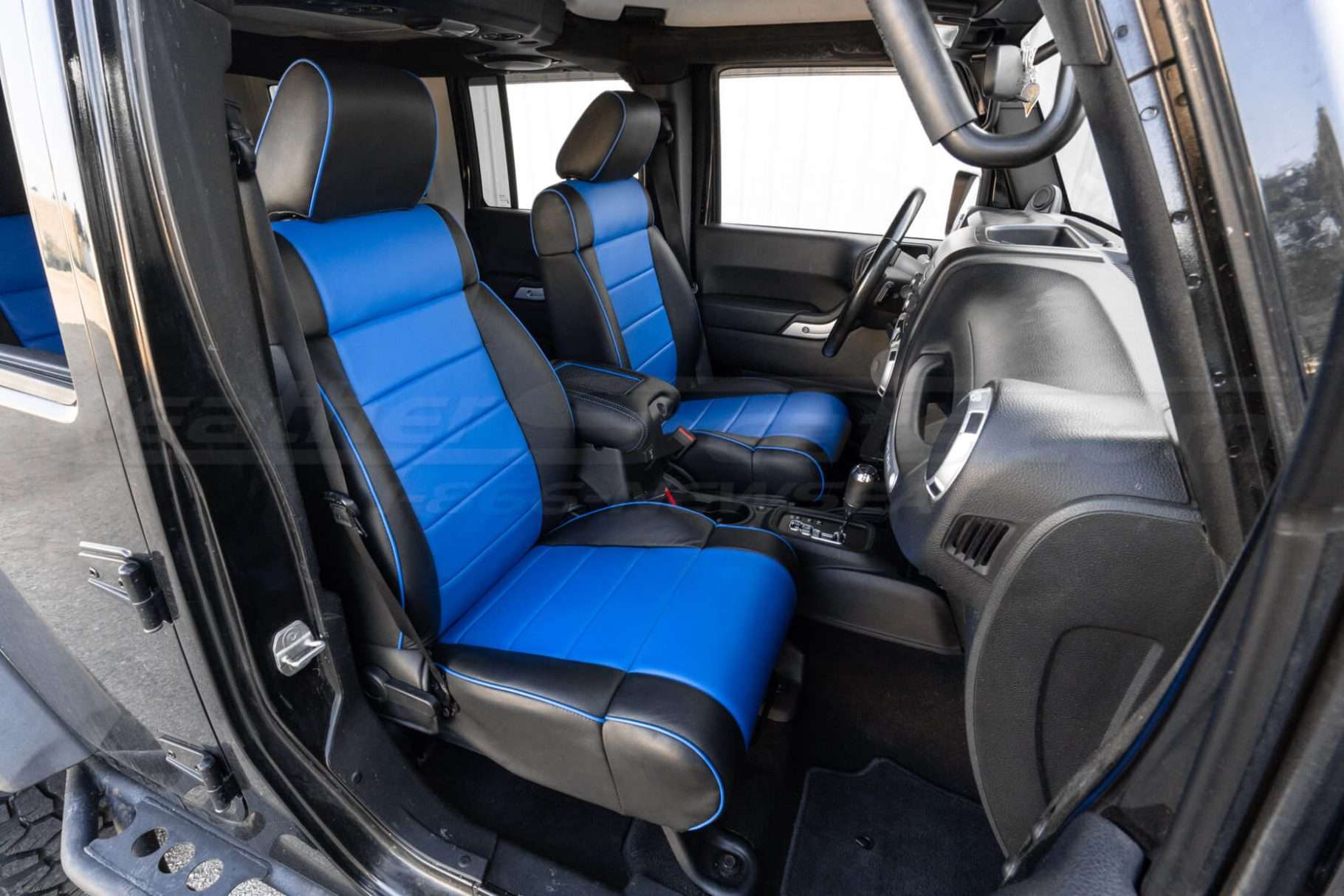 Jeep Wrangler JK with installed LeatherSeats.com interior kit in Black with Cobalt BLue Body - Front passenger seat