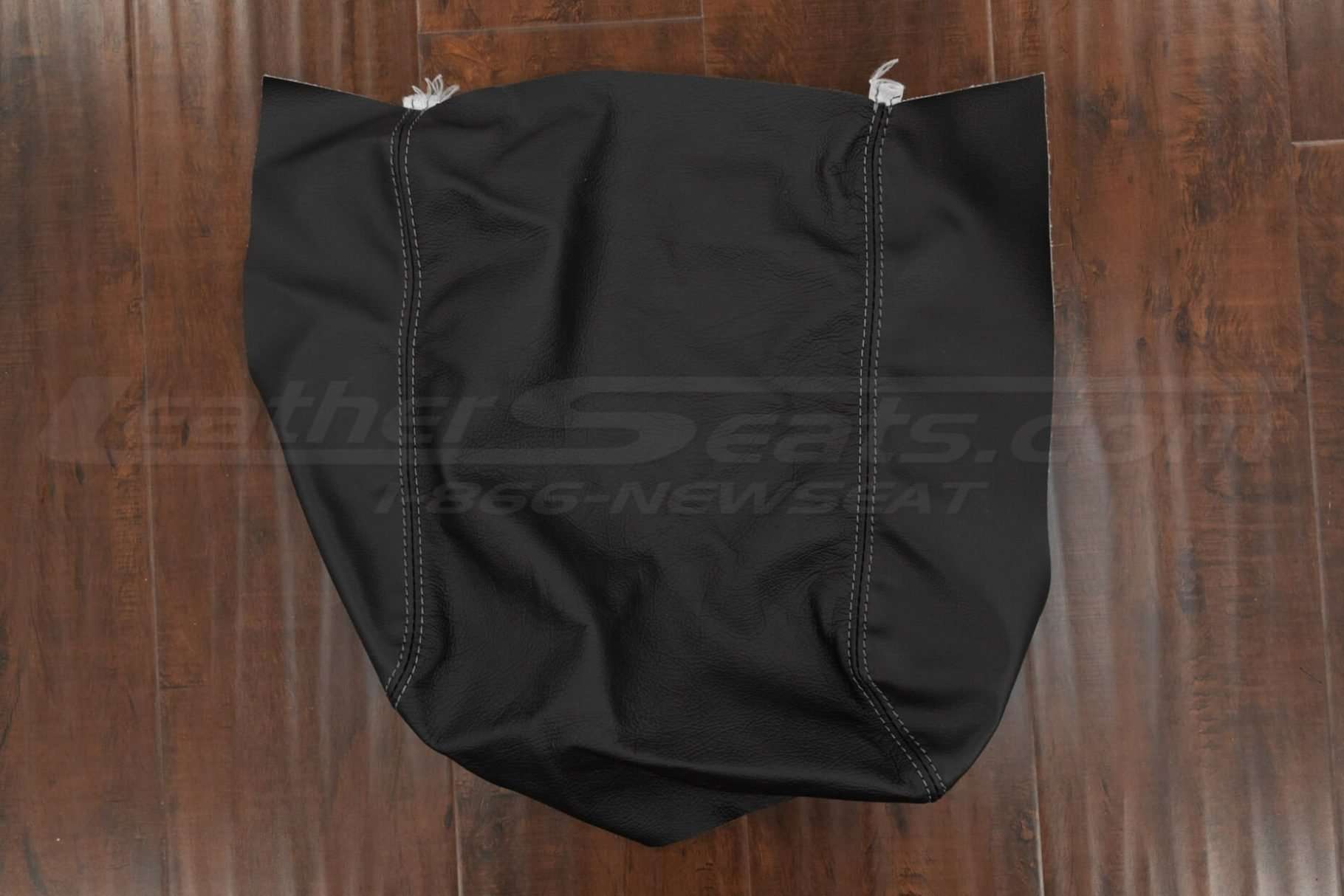 Flat view of Ford Truck leather console lid cover in Black leather and contrasting stone stitching