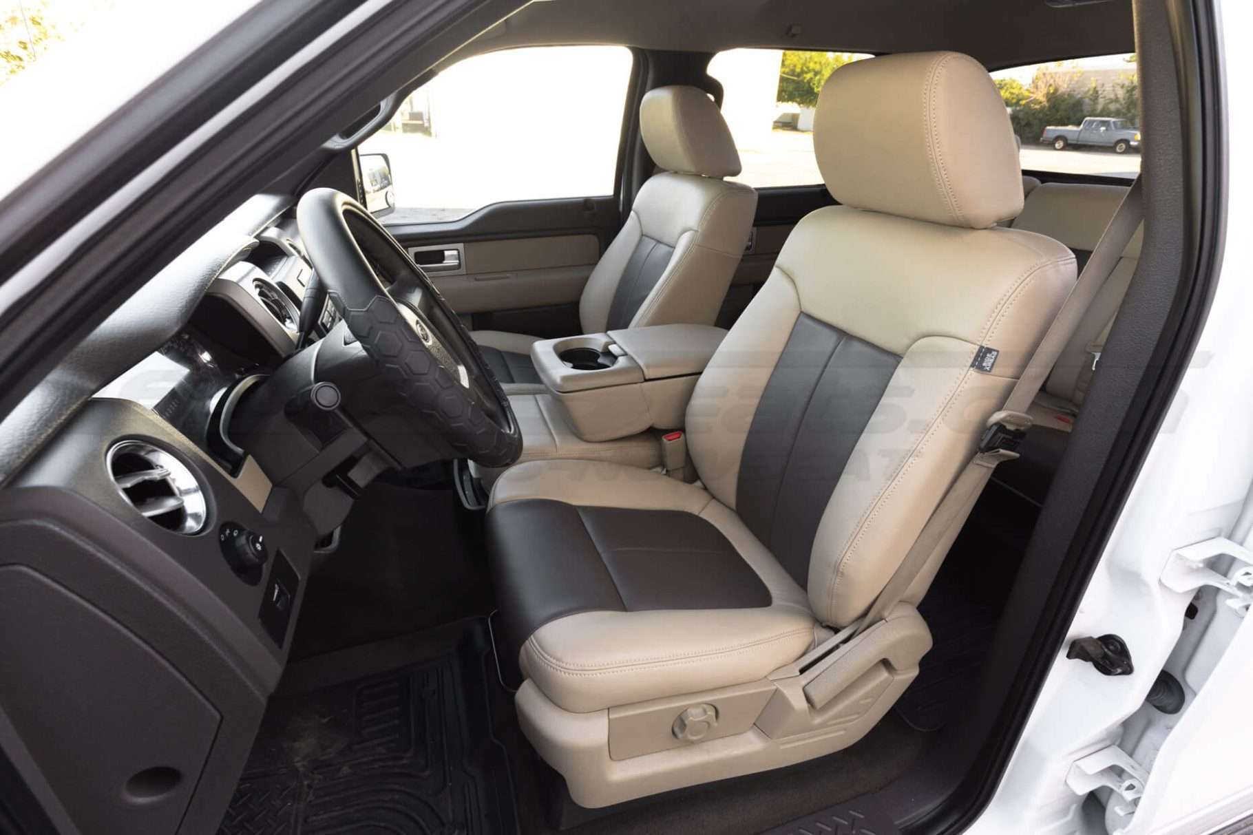 Alternate view of 2009-2014 Ford F-150 Super Crew XLT custom installed leather seat kit in sandstone with java combo