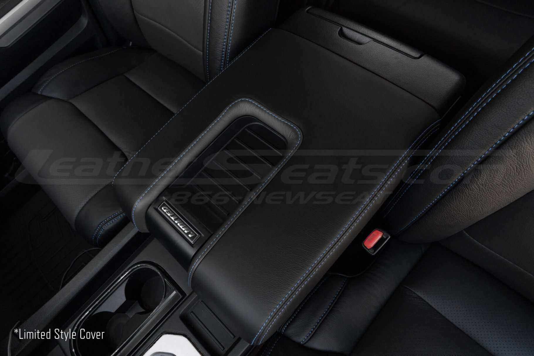 Top down view of custom two-tone console lid cover for Toyota Tundra Limited