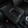 Passenger Side iew of leather console with contrasting stitching